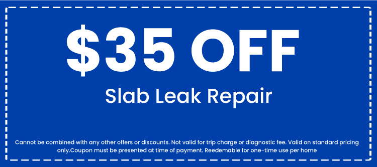  off slab leak repair coupon from Florida Plumbing Plus, highlighting plumbing service discounts and terms for one-time use.