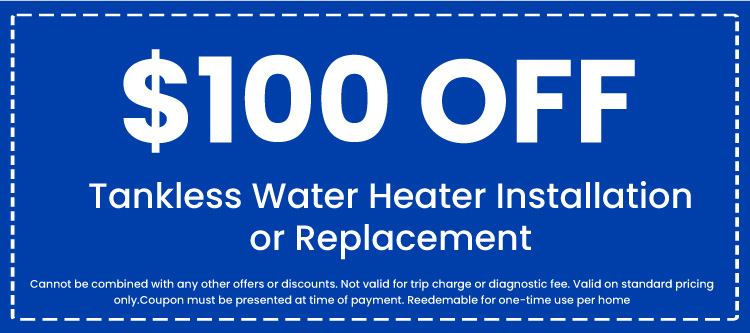 0 off tankless water heater installation or replacement coupon from Florida Plumbing Plus, featuring terms and conditions for one-time use.