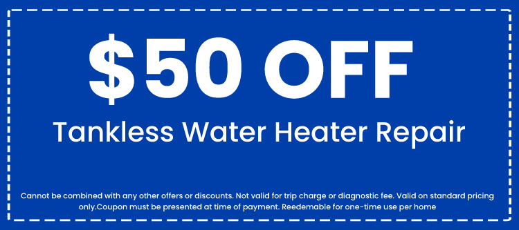  off coupon for tankless water heater repair, promotional offer from Florida Plumbing Plus, includes terms and conditions for use.