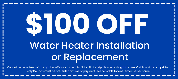0 off coupon for water heater installation or replacement, featuring terms and conditions for use.