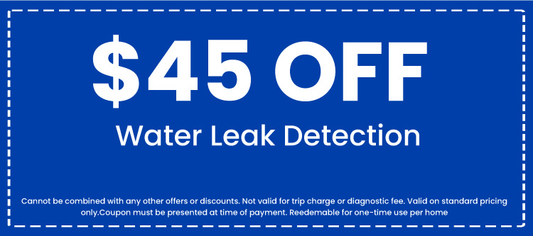 off coupon for water leak detection services, featuring bold text on a blue background, emphasizing savings for plumbing repairs.