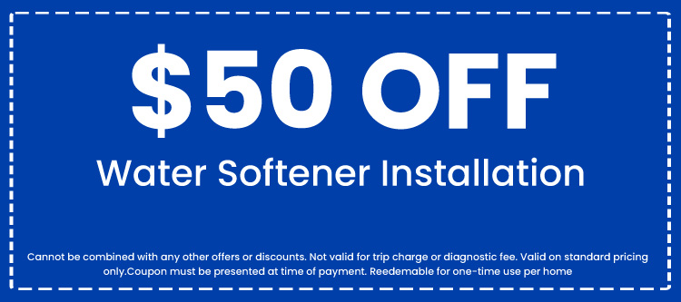  off water softener installation coupon from Florida Plumbing Plus, featuring terms and conditions for one-time use.